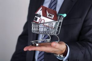 Man Holding A Model Shopping Cart With A  House